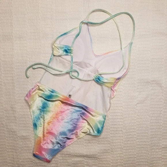 2/$25-Quintsoul S NWOT One Piece Unicorn Rainbow Colorful Velour Deep V Lace Up - Picture 11 of 14